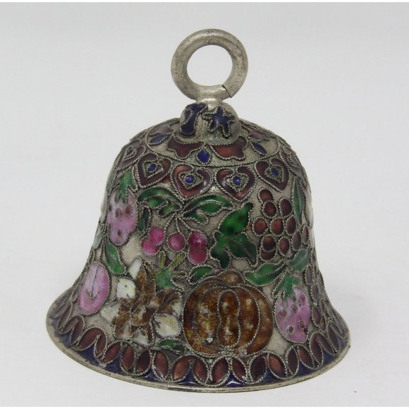 Vintage Silver Toned Metal Cloisonne Bell Strawberries Grapes Cherries 3" H x 3" - Picture 1 of 9